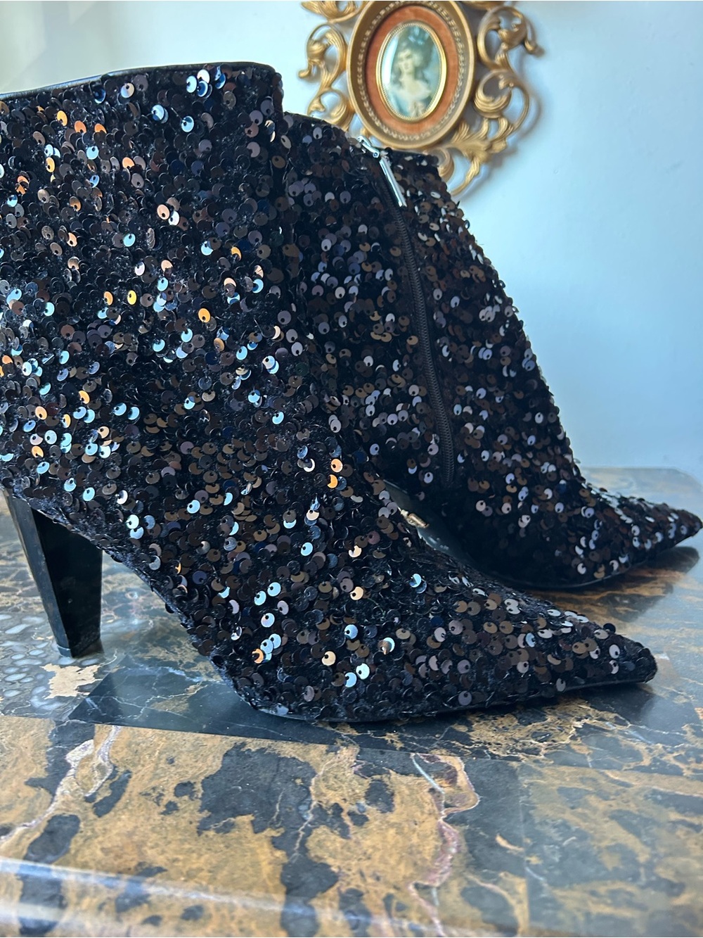Zara Black Sequin Pointed-Toe Ankle Booties